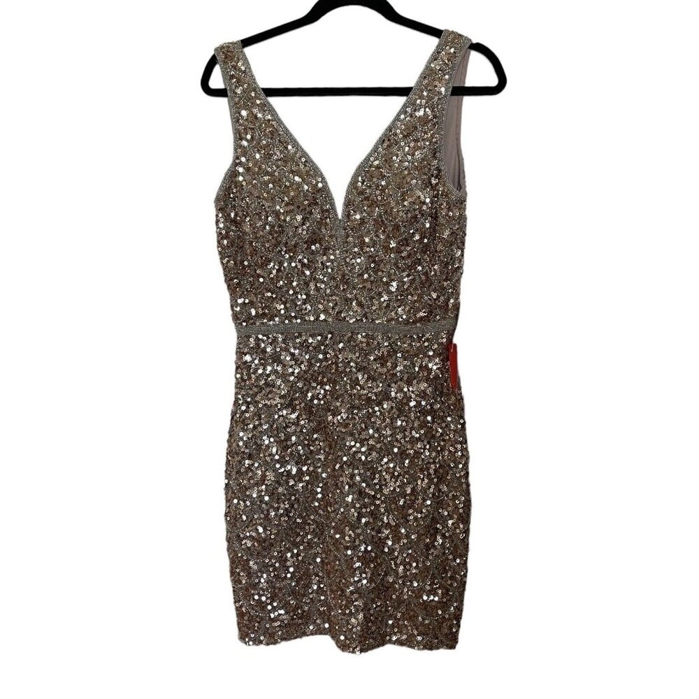 Mac Duggal Dress Size 8 Copper Silver Body Con Mini‎ Sequined Scallop - Picture 4 of 16